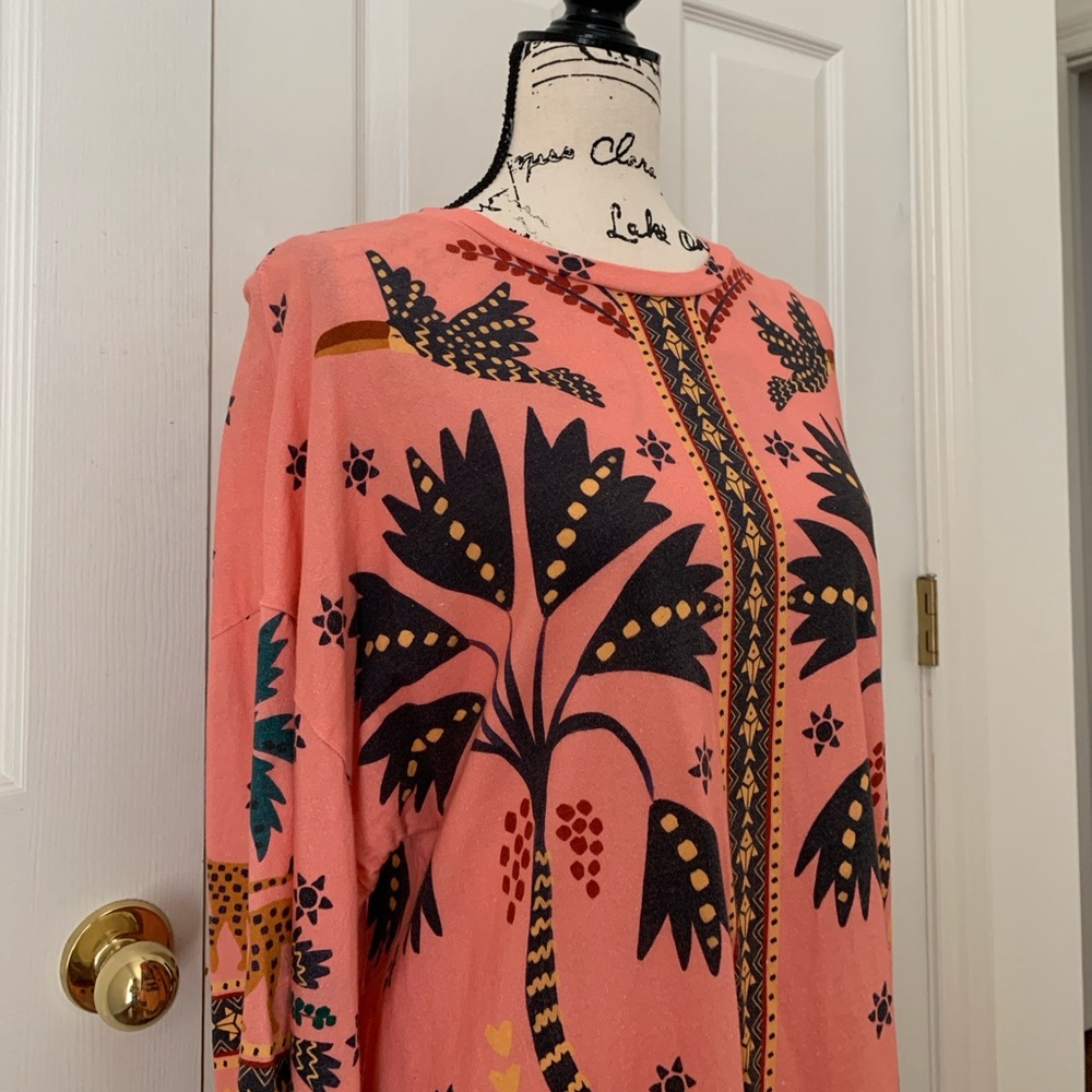Anthropologie Pink Floral Tunic Dress with Navy and Mustard Motif - Picture 5 of 7